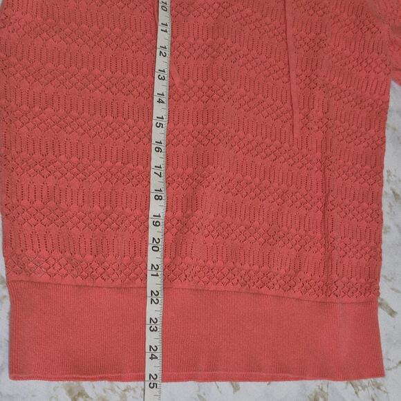 Loft Eyelit Ruffle Collar Blouse Women Large Coral S/S Sweater Open Knit VNeck - Picture 4 of 7